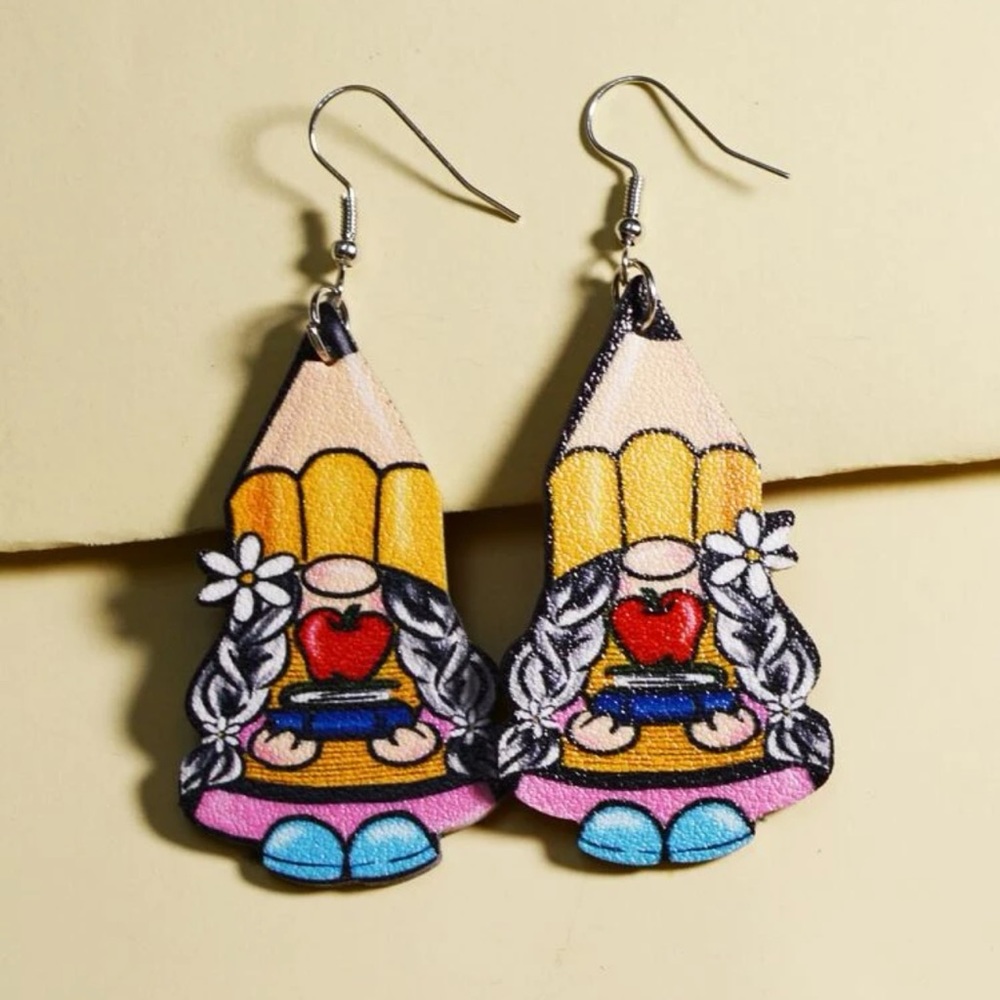 ✏️ Awesome Large Pencil School Gnome Light Blue Shoes Drop Earrings ✏️